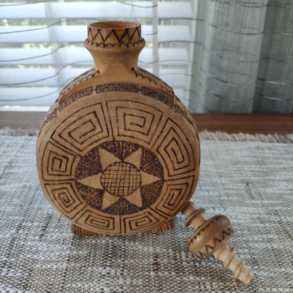 Bulgarian Wooden Bottle Pyrography Flask Wood Burned Graphics VTG Decanter 9.25" - Picture 4 of 9